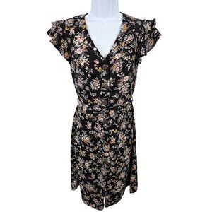 Monteau Size XS Black Floral Print Flutter Sleeve Button Front Midi Dress / A283